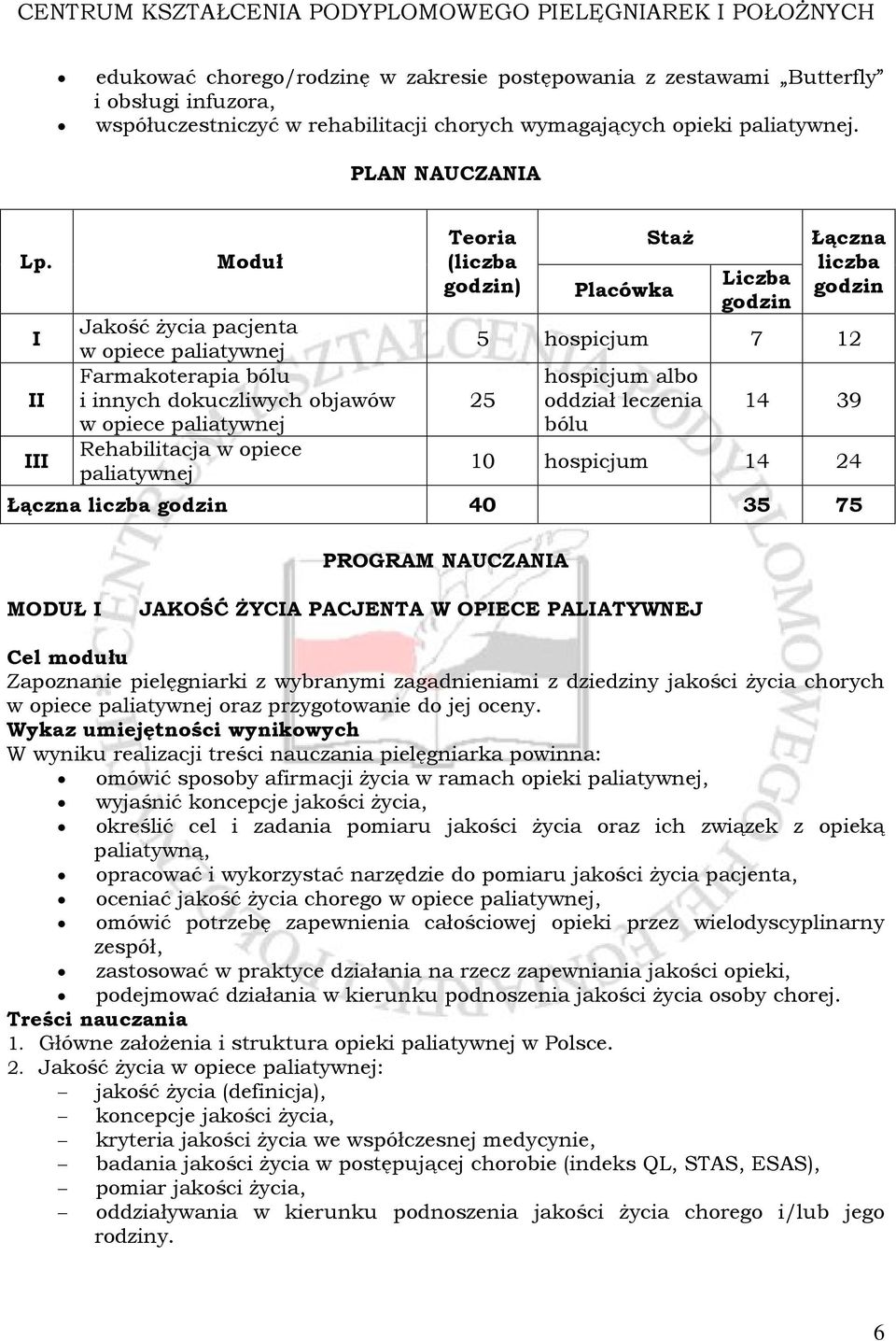 hospicjum albo oddział leczenia 14 39 w opiece paliatywnej bólu III Rehabilitacja w opiece paliatywnej 10 hospicjum 14 24 Łączna liczba godzin 40 35 75 PROGRAM NAUCZANIA MODUŁ I JAKOŚĆ ŻYCIA PACJENTA