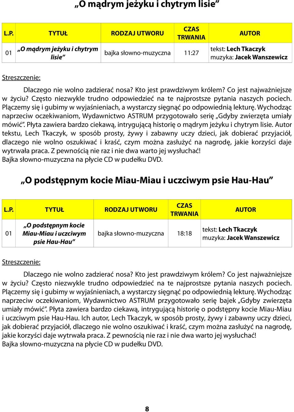 Wychodząc naprzeciw oczekiwaniom, Wydawnictwo ASTRUM przygotowało serię Gdyby zwierzęta umiały mówić. Płyta zawiera bardzo ciekawą, intrygującą historię o mądrym jeżyku i chytrym lisie.