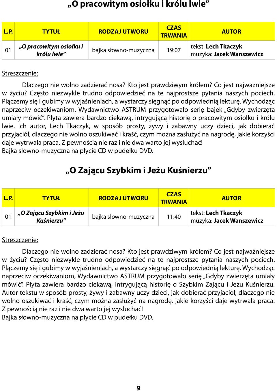 Wychodząc naprzeciw oczekiwaniom, Wydawnictwo ASTRUM przygotowało serię bajek Gdyby zwierzęta umiały mówić. Płyta zawiera bardzo ciekawą, intrygującą historię o pracowitym osiołku i królu lwie.