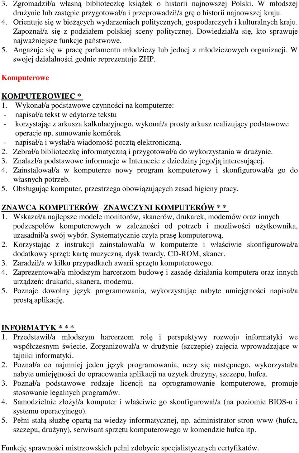 Dowiedział/a się, kto sprawuje najwaŝniejsze funkcje państwowe. 5. AngaŜuje się w pracę parlamentu młodzieŝy lub jednej z młodzieŝowych organizacji. W swojej działalności godnie reprezentuje ZHP.