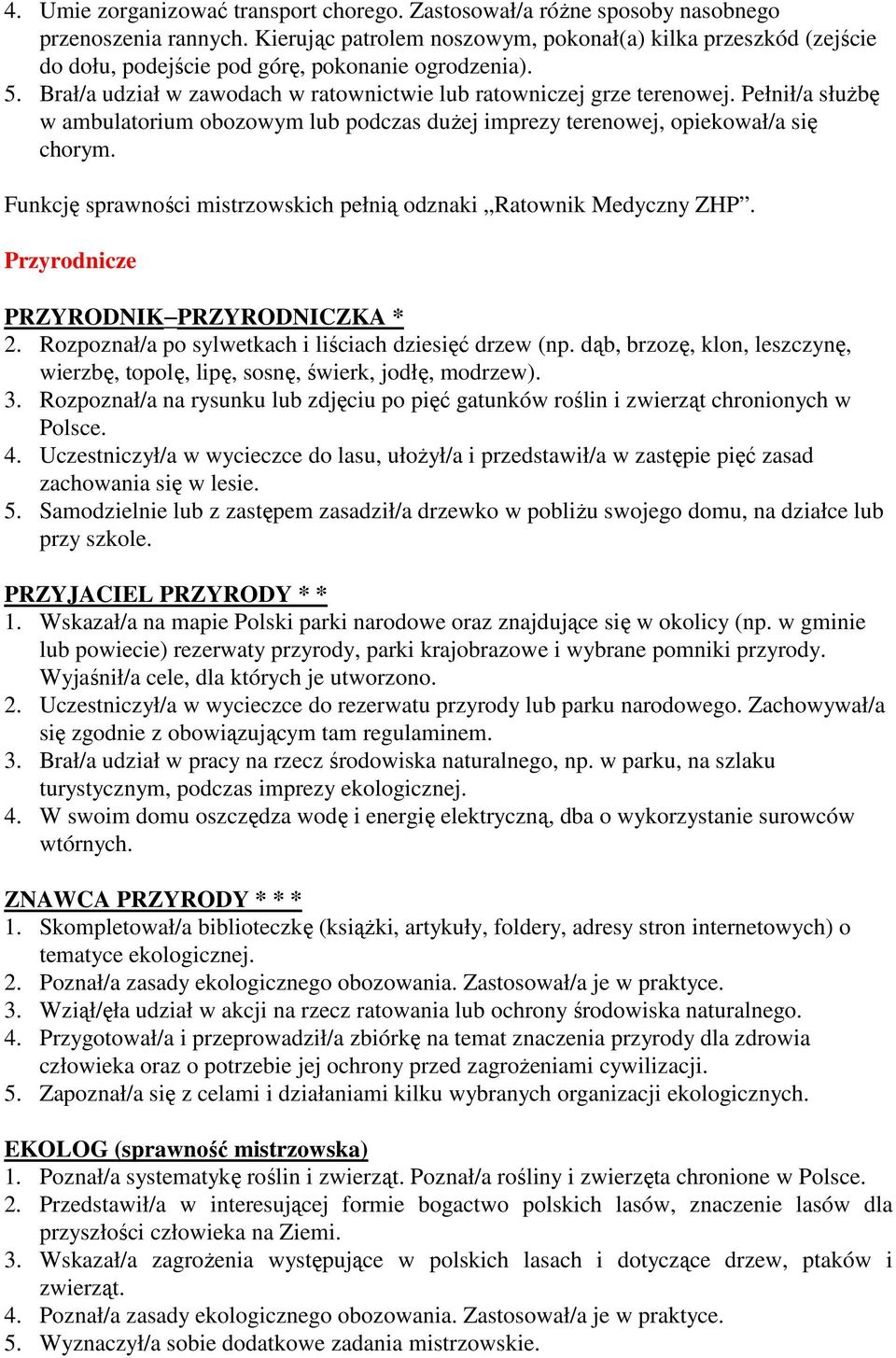 Pełnił/a słuŝbę w ambulatorium obozowym lub podczas duŝej imprezy terenowej, opiekował/a się chorym. Funkcję sprawności mistrzowskich pełnią odznaki Ratownik Medyczny ZHP.