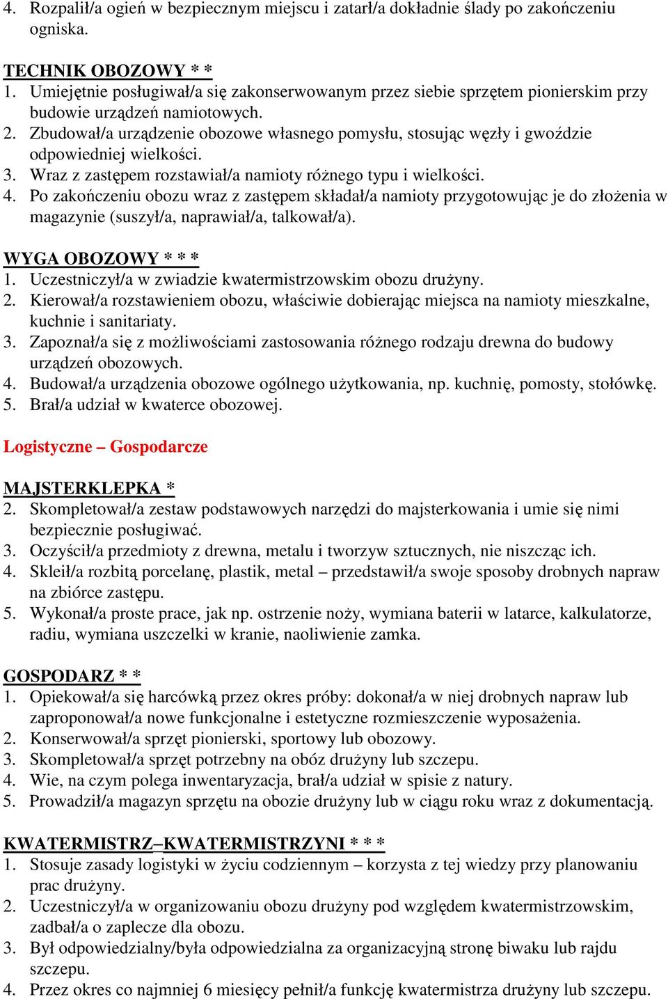 Zbudował/a urządzenie obozowe własnego pomysłu, stosując węzły i gwoździe odpowiedniej wielkości. 3. Wraz z zastępem rozstawiał/a namioty róŝnego typu i wielkości. 4.