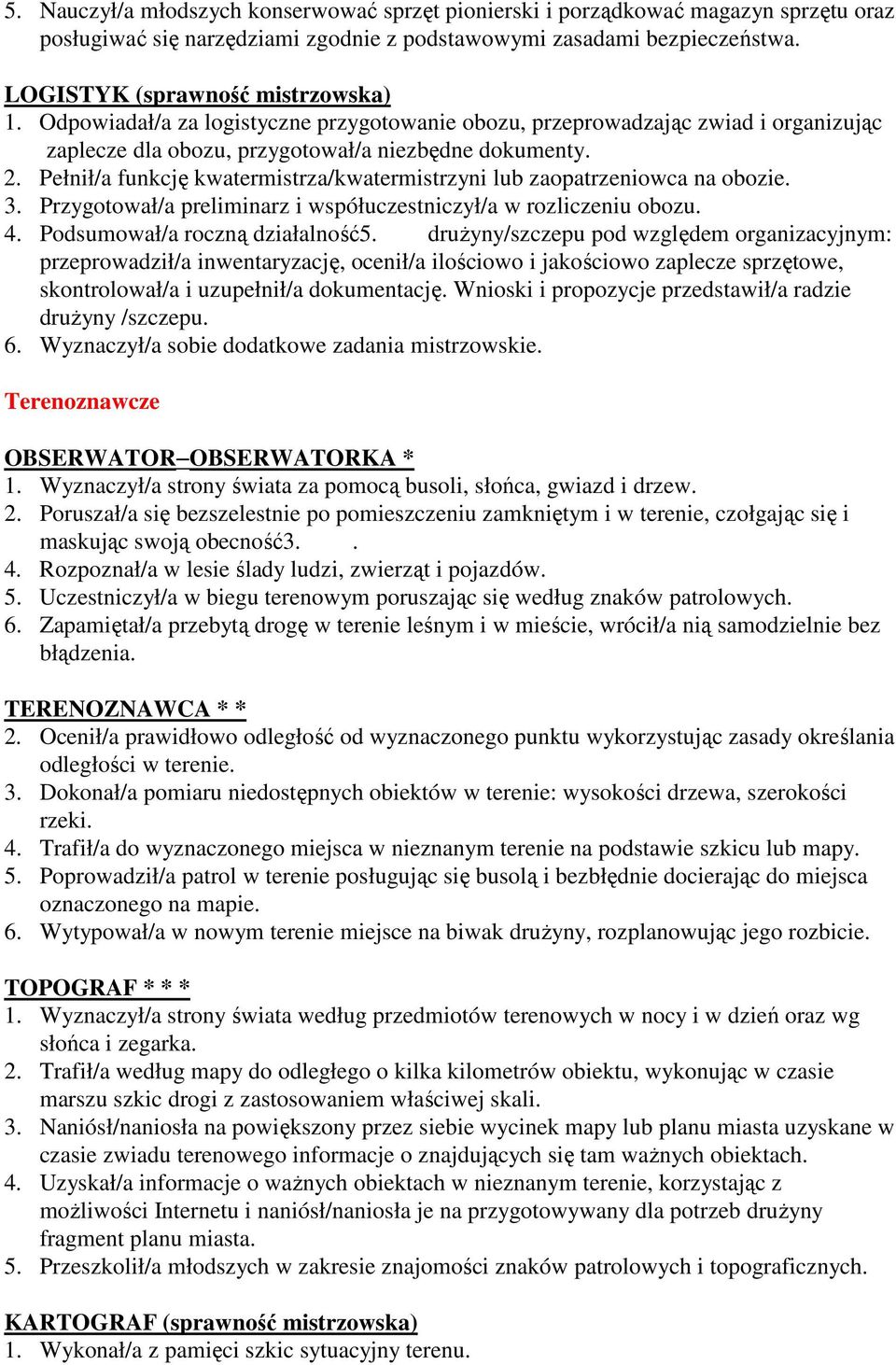 Pełnił/a funkcję kwatermistrza/kwatermistrzyni lub zaopatrzeniowca na obozie. 3. Przygotował/a preliminarz i współuczestniczył/a w rozliczeniu obozu. 4. Podsumował/a roczną działalność5.