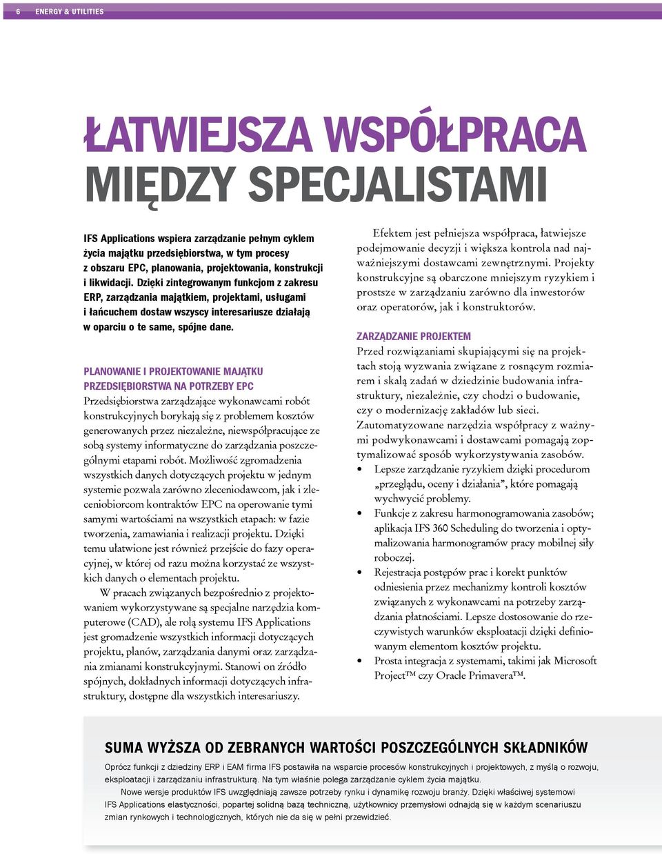 Dzięki zintegrowanym funkcjom z zakresu ERP, zarządzania majątkiem, projektami, usługami i łańcuchem dostaw wszyscy interesariusze działają w oparciu o te same, spójne dane.