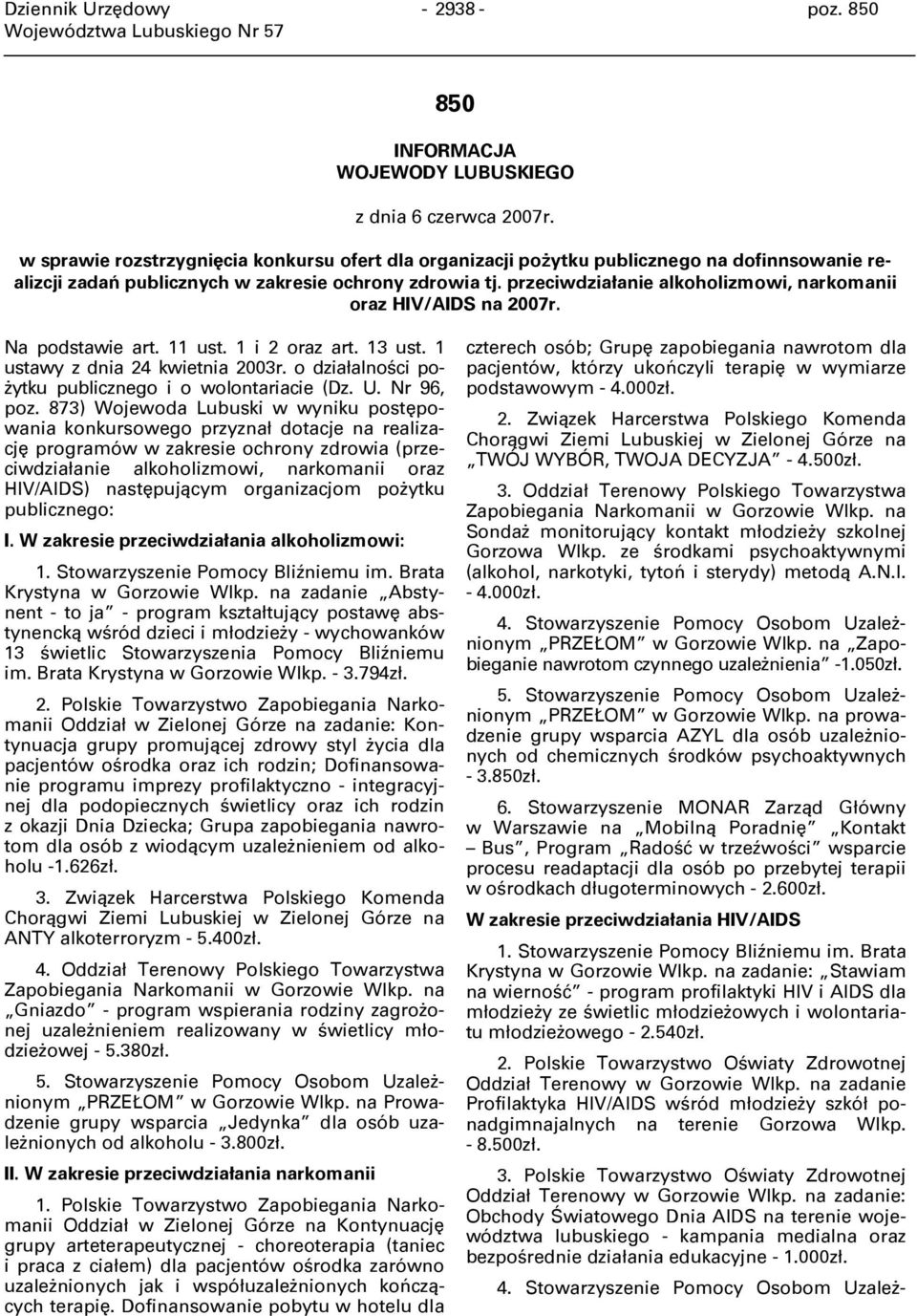 przeciwdziałanie alkoholizmowi, narkomanii oraz HIV/AIDS na 2007r. Na podstawie art. 11 ust. 1 i 2 oraz art. 13 ust. 1 ustawy z dnia 24 kwietnia 2003r.