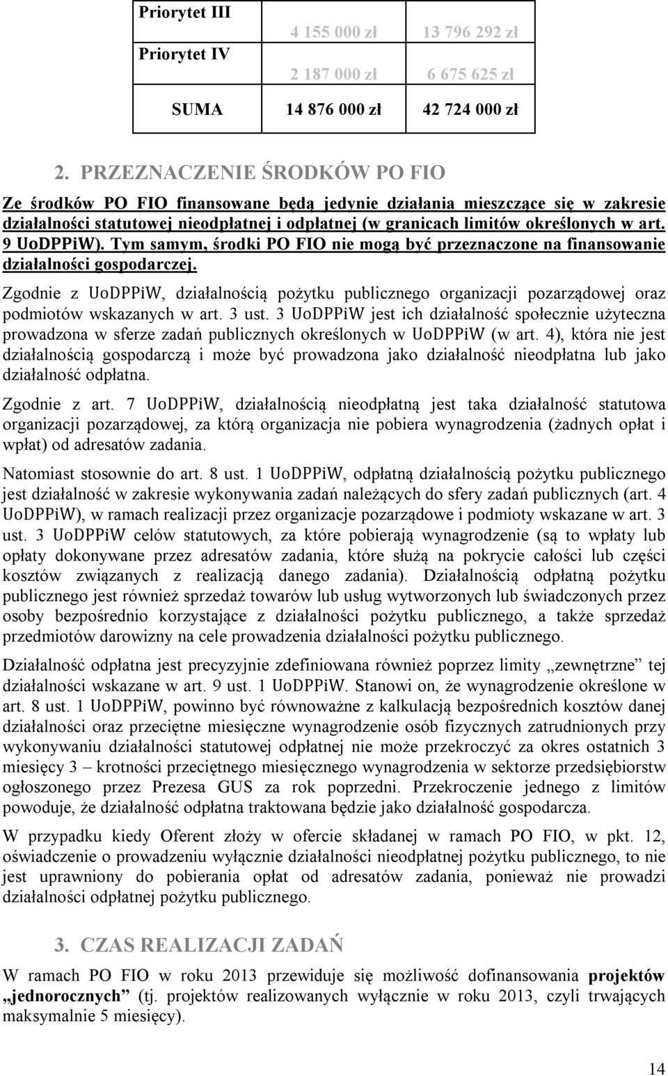 9 UoDPPiW). Tym samym, środki PO FIO nie mogą być przeznaczone na finansowanie działalności gospodarczej.