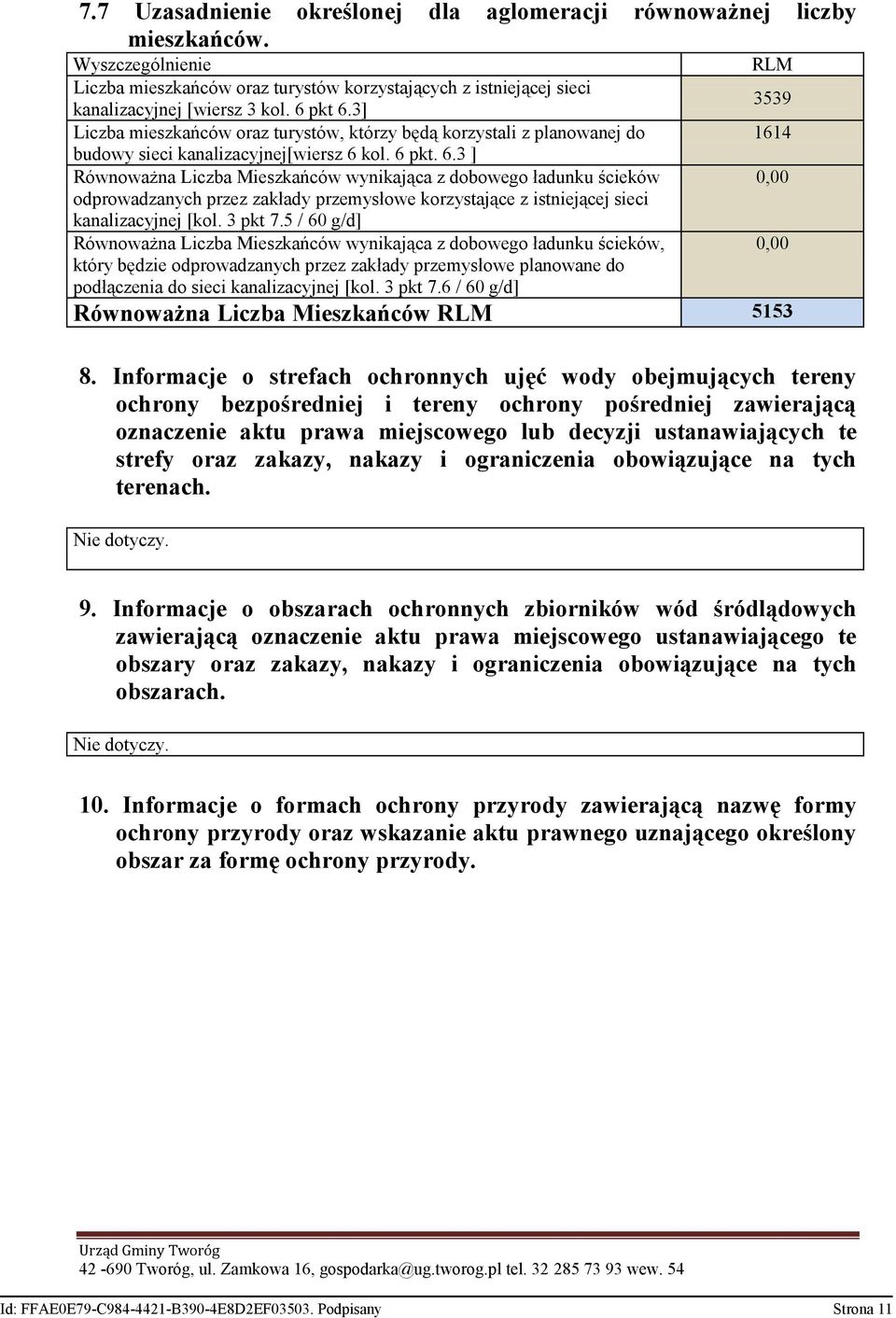 kol. 6 pkt. 6.3 ] Równoważna Liczba Mieszkańców wynikająca z dobowego ładunku ścieków odprowadzanych przez zakłady przemysłowe korzystające z istniejącej sieci kanalizacyjnej [kol. 3 pkt 7.