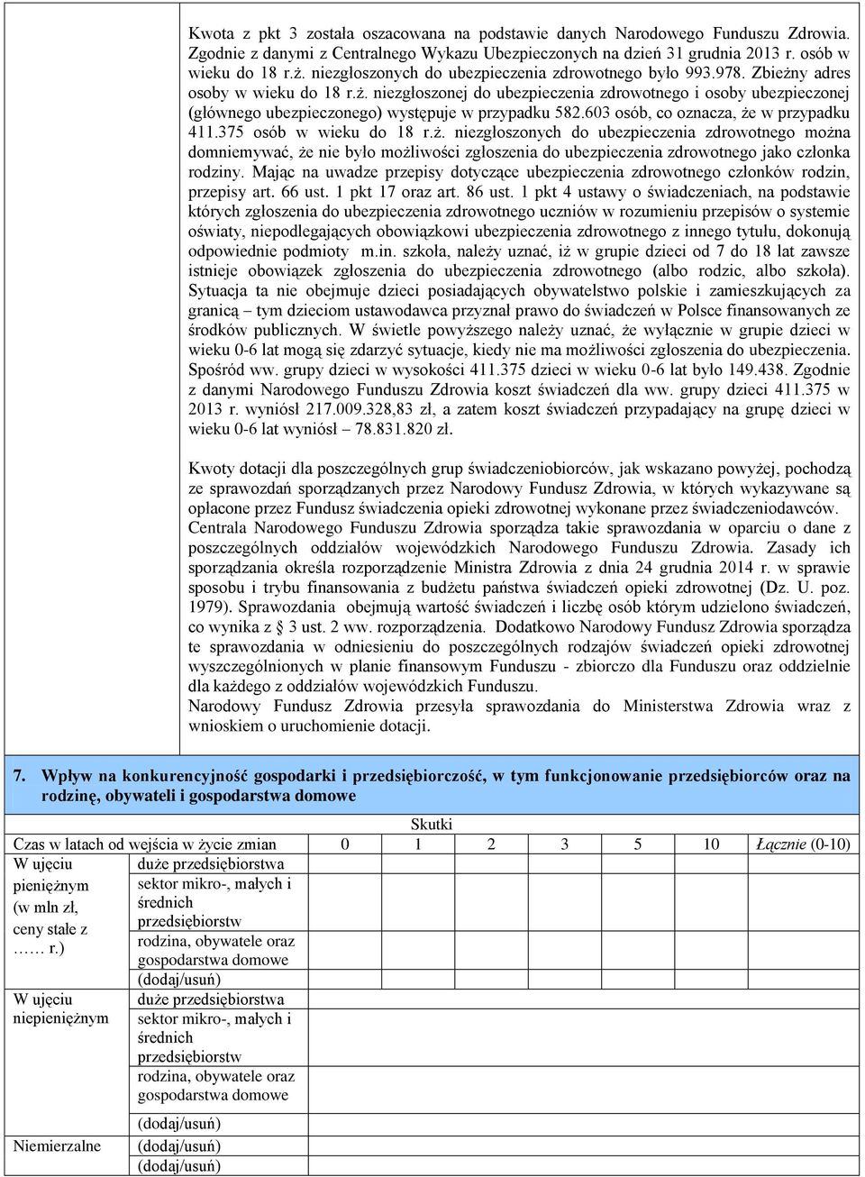 603 osób, co oznacza, że w przypadku 411.375 osób w wieku do 18 r.ż. niezgłoszonych do ubezpieczenia zdrowotnego można domniemywać, że nie było możliwości zgłoszenia do ubezpieczenia zdrowotnego jako członka rodziny.