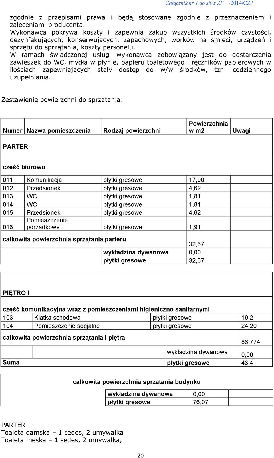 W ramach świadczonej usługi wykonawca zobowiązany jest do dostarczenia zawieszek do WC, mydła w płynie, papieru toaletowego i ręczników papierowych w ilościach zapewniających stały dostęp do w/w