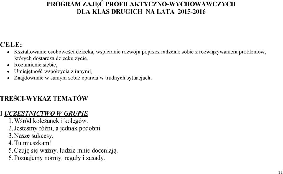 Znajdowanie w samym sobie oparcia w trudnych sytuacjach. TREŚCI-WYKAZ TEMATÓW I UCZESTNICTWO W GRUPIE 1. Wśród koleżanek i kolegów. 2.