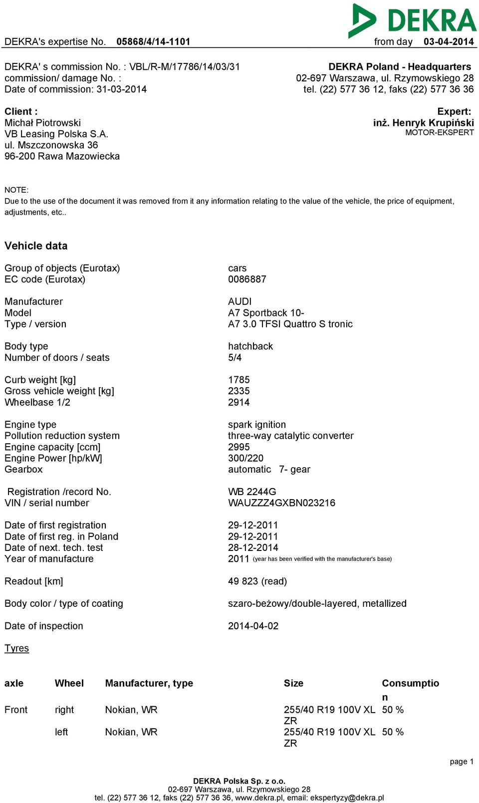 Henryk Krupiński MOTOR-EKSPERT NOTE: Due to the use of the document it was removed from it any information relating to the value of the vehicle, the price of equipment, adjustments, etc.