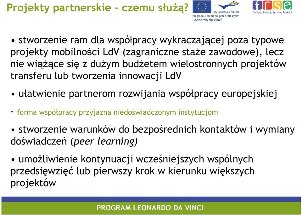 budŝetem wielostronnych projektów transferu lub tworzenia innowacji LdV ułatwienie partnerom rozwijania współpracy europejskiej - forma