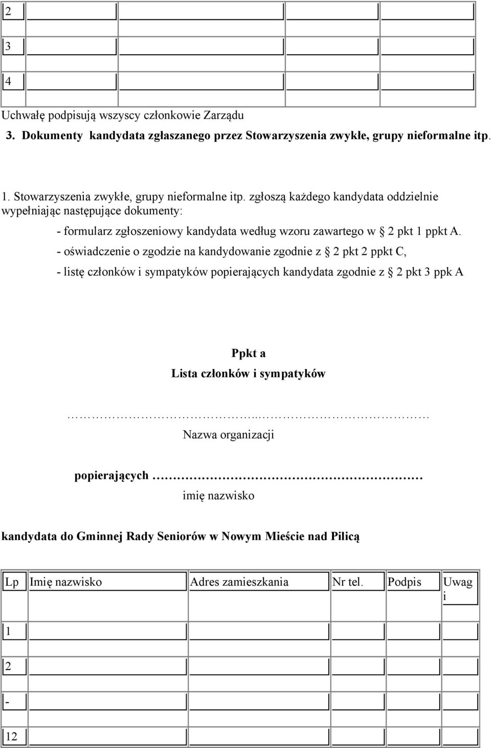 zgłoszą każdego kandydata oddzielnie wypełniając następujące dokumenty: - formularz zgłoszeniowy kandydata według wzoru zawartego w 2 pkt 1 ppkt A.