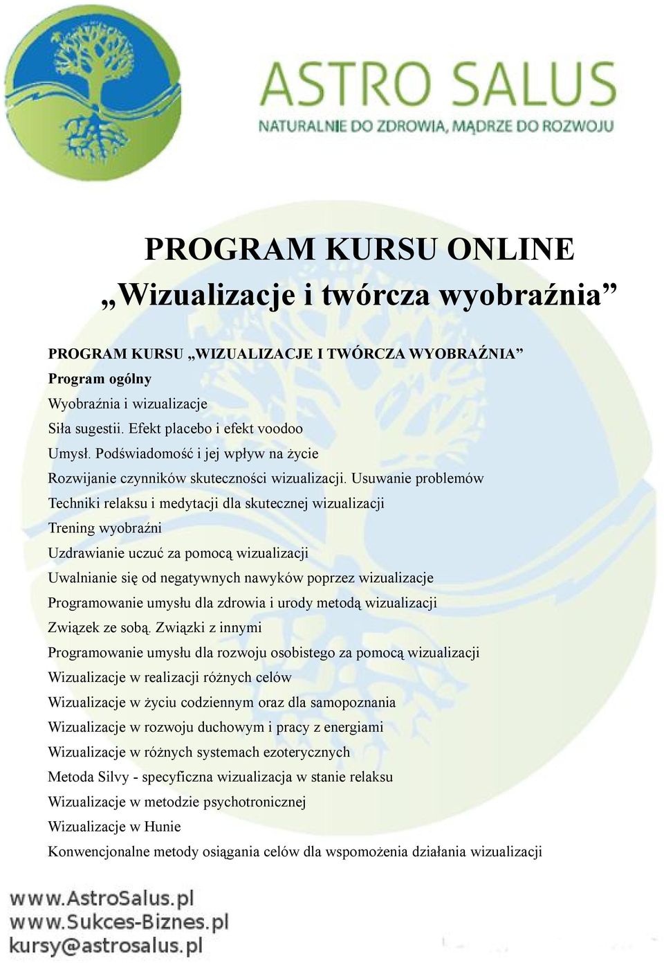 Usuwanie problemów Techniki relaksu i medytacji dla skutecznej wizualizacji Trening wyobraźni Uzdrawianie uczuć za pomocą wizualizacji Uwalnianie się od negatywnych nawyków poprzez wizualizacje