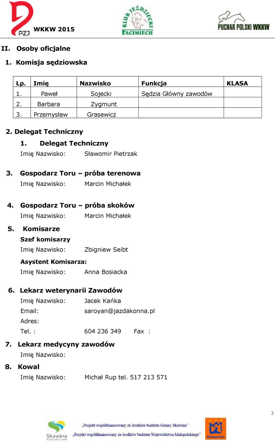 Gospodarz Toru próba skoków Marcin Michałek 5. Komisarze Szef komisarzy Zbigniew Seibt Asystent Komisarza: Anna Bosiacka 6.