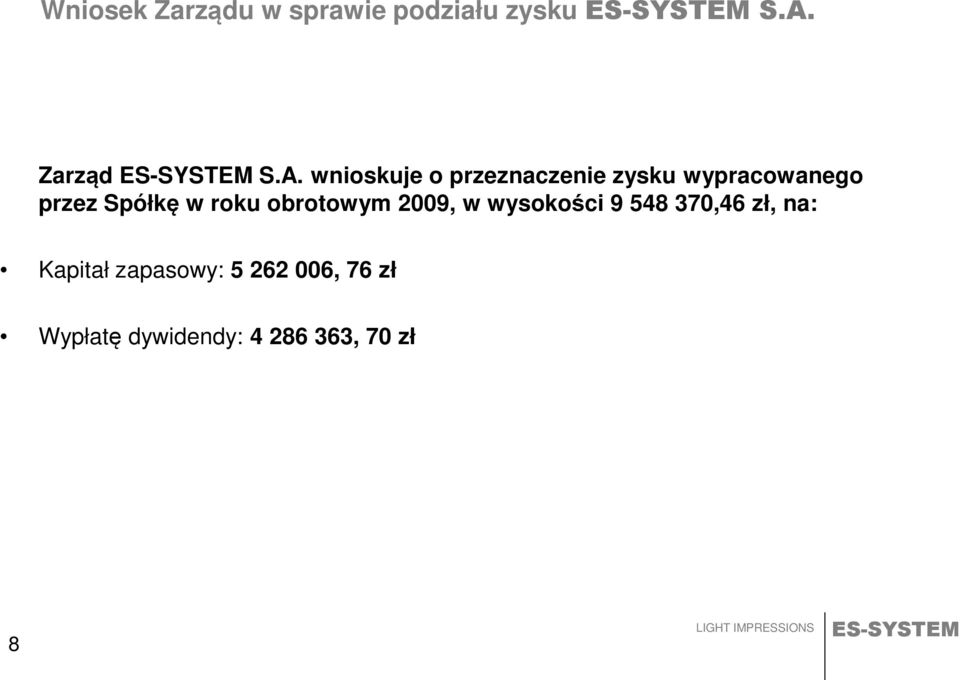 wnioskuje o przeznaczenie zysku wypracowanego przez Spółkę w