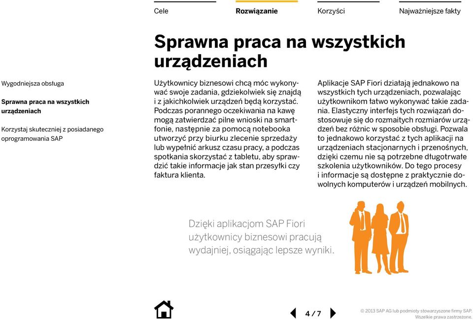 Podczas porannego oczekiwania na kawę mogą zatwierdzać pilne wnioski na smartfonie, następnie za pomocą notebooka utworzyć przy biurku zlecenie sprzedaży lub wypełnić arkusz czasu pracy, a podczas