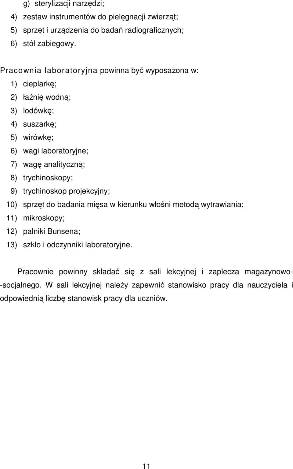 trychinoskopy; 9) trychinoskop projekcyjny; 10) sprzęt do badania mięsa w kierunku włośni metodą wytrawiania; 11) mikroskopy; 12) palniki Bunsena; 13) szkło i odczynniki