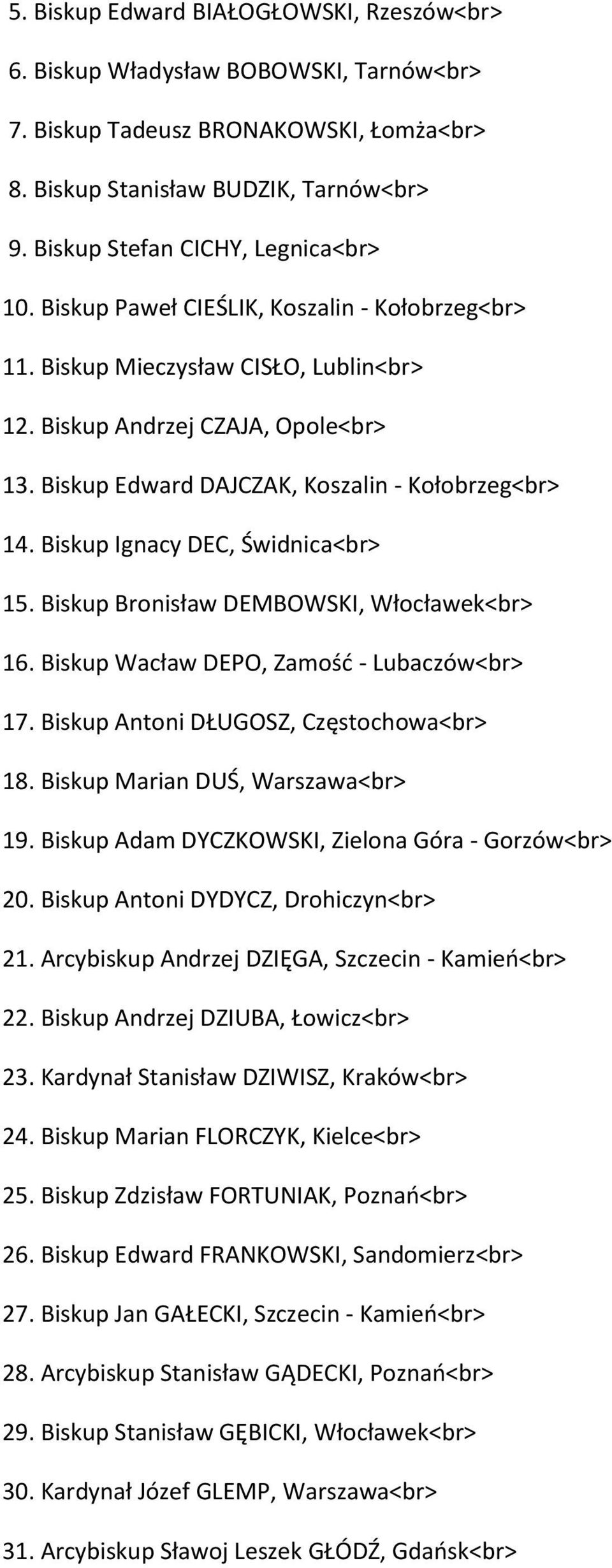 Biskup Edward DAJCZAK, Koszalin - Kołobrzeg<br> 14. Biskup Ignacy DEC, Świdnica<br> 15. Biskup Bronisław DEMBOWSKI, Włocławek<br> 16. Biskup Wacław DEPO, Zamośd - Lubaczów<br> 17.