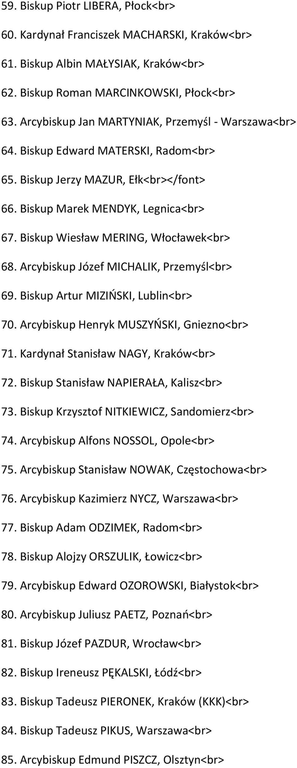 Biskup Wiesław MERING, Włocławek<br> 68. Arcybiskup Józef MICHALIK, Przemyśl<br> 69. Biskup Artur MIZIOSKI, Lublin<br> 70. Arcybiskup Henryk MUSZYOSKI, Gniezno<br> 71.