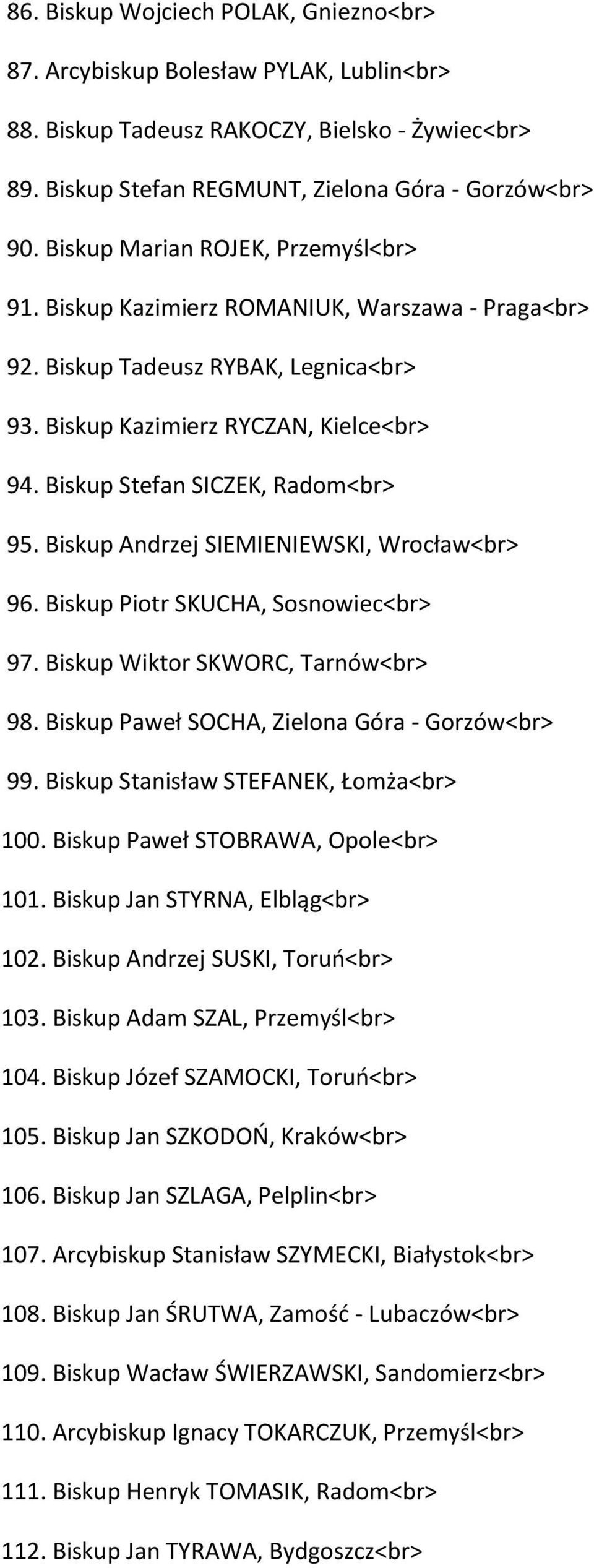 Biskup Stefan SICZEK, Radom<br> 95. Biskup Andrzej SIEMIENIEWSKI, Wrocław<br> 96. Biskup Piotr SKUCHA, Sosnowiec<br> 97. Biskup Wiktor SKWORC, Tarnów<br> 98.