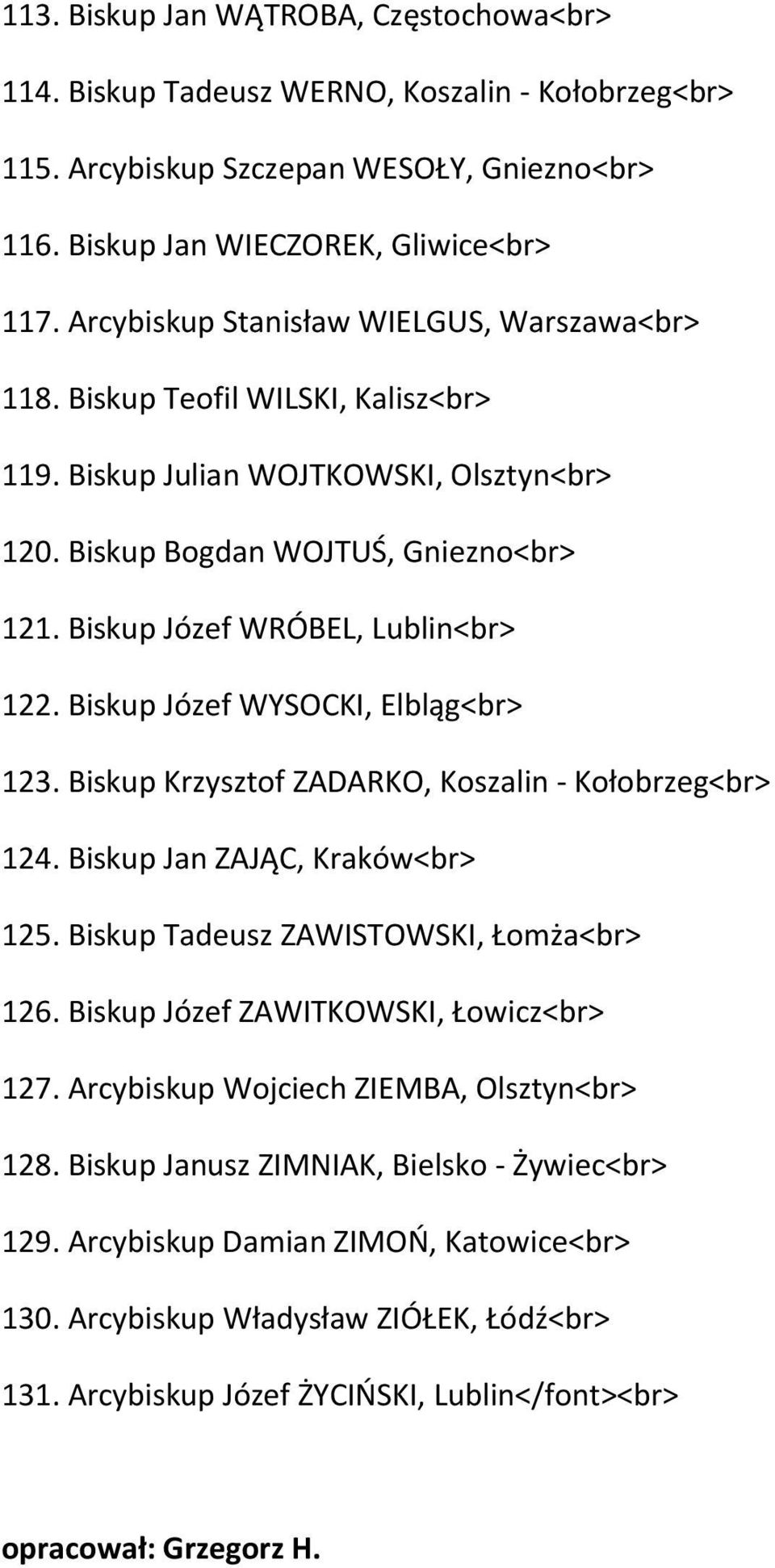 Biskup Józef WRÓBEL, Lublin<br> 122. Biskup Józef WYSOCKI, Elbląg<br> 123. Biskup Krzysztof ZADARKO, Koszalin - Kołobrzeg<br> 124. Biskup Jan ZAJĄC, Kraków<br> 125.