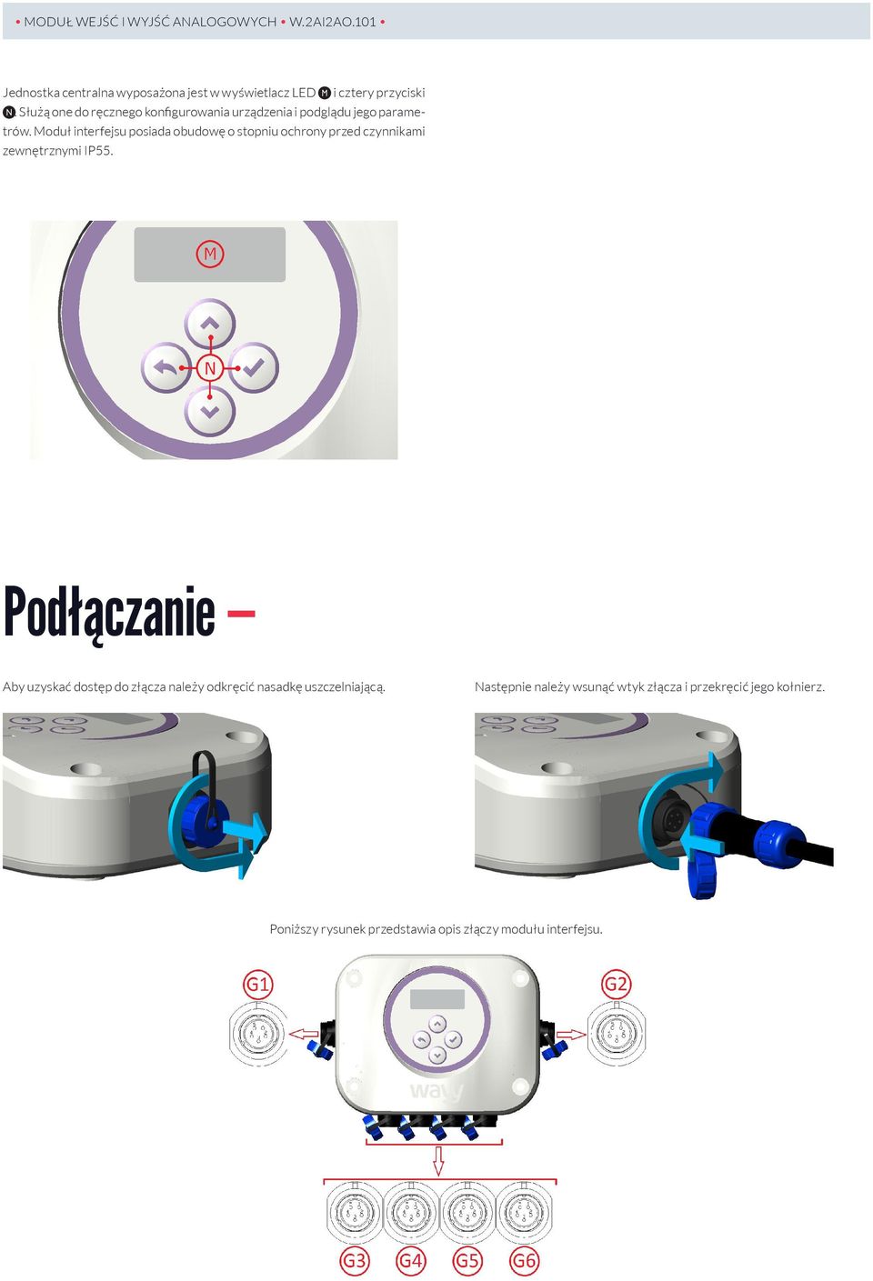 Moduł interfejsu posiada obudowę o stopniu ochrony przed czynnikami zewnętrznymi IP55.