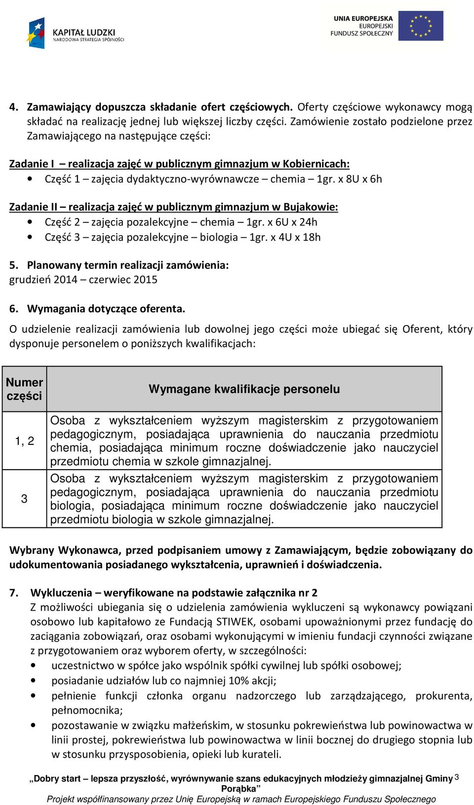 x 8U x 6h Zadanie II realizacja zajęć w publicznym gimnazjum w Bujakowie: Część 2 zajęcia pozalekcyjne chemia 1gr. x 6U x 24h Część 3 zajęcia pozalekcyjne biologia 1gr. x 4U x 18h 5.