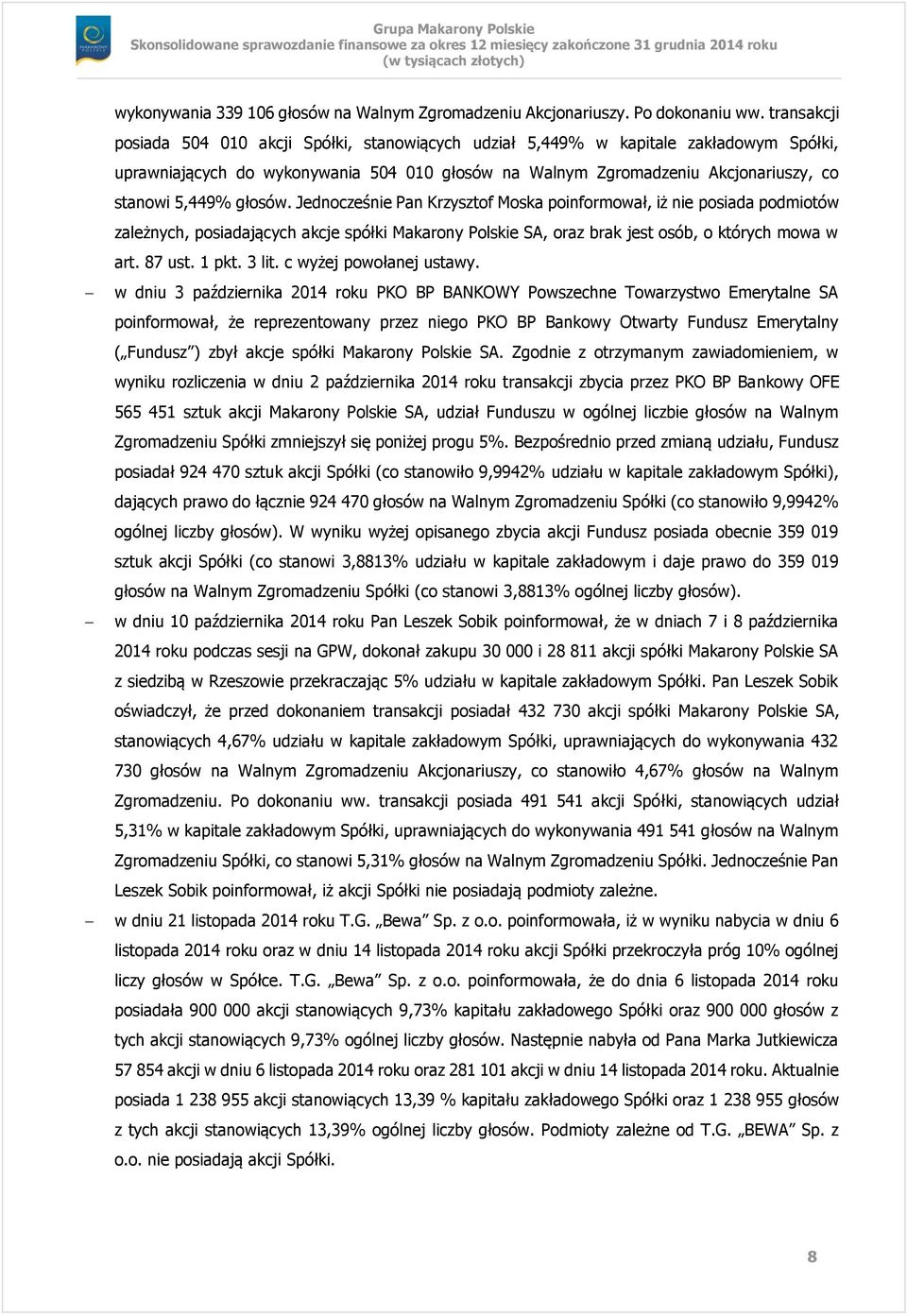 głosów. Jednocześnie Pan Krzysztof Moska poinformował, iż nie posiada podmiotów zależnych, posiadających akcje spółki Makarony Polskie SA, oraz brak jest osób, o których mowa w art. 87 ust. 1 pkt.