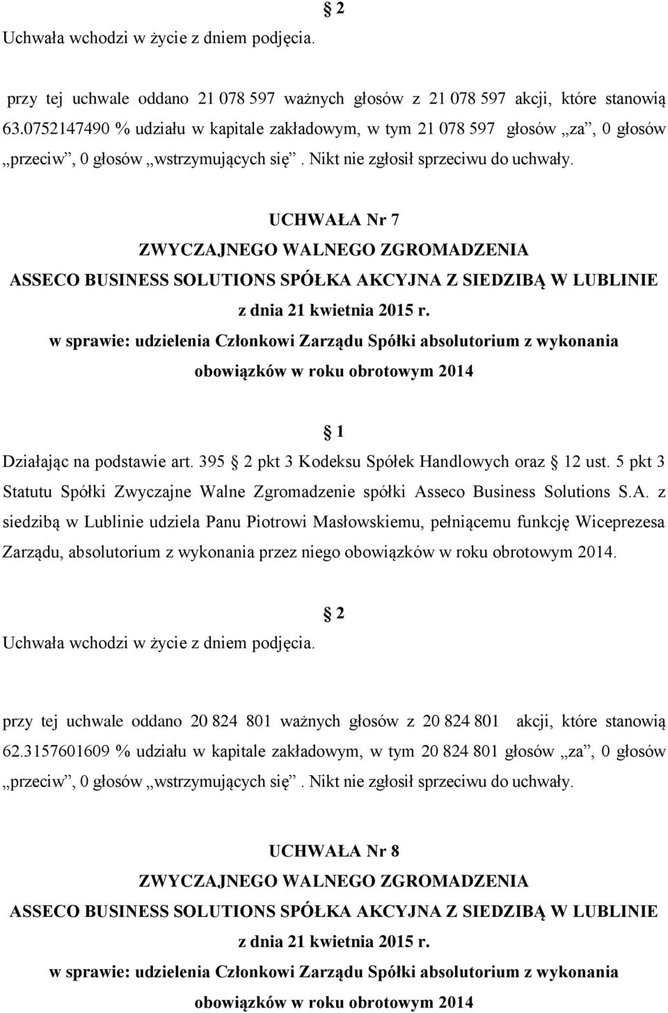 Działając na podstawie art. 395 pkt 3 Kodeksu Spółek Handlowych oraz 2 ust.