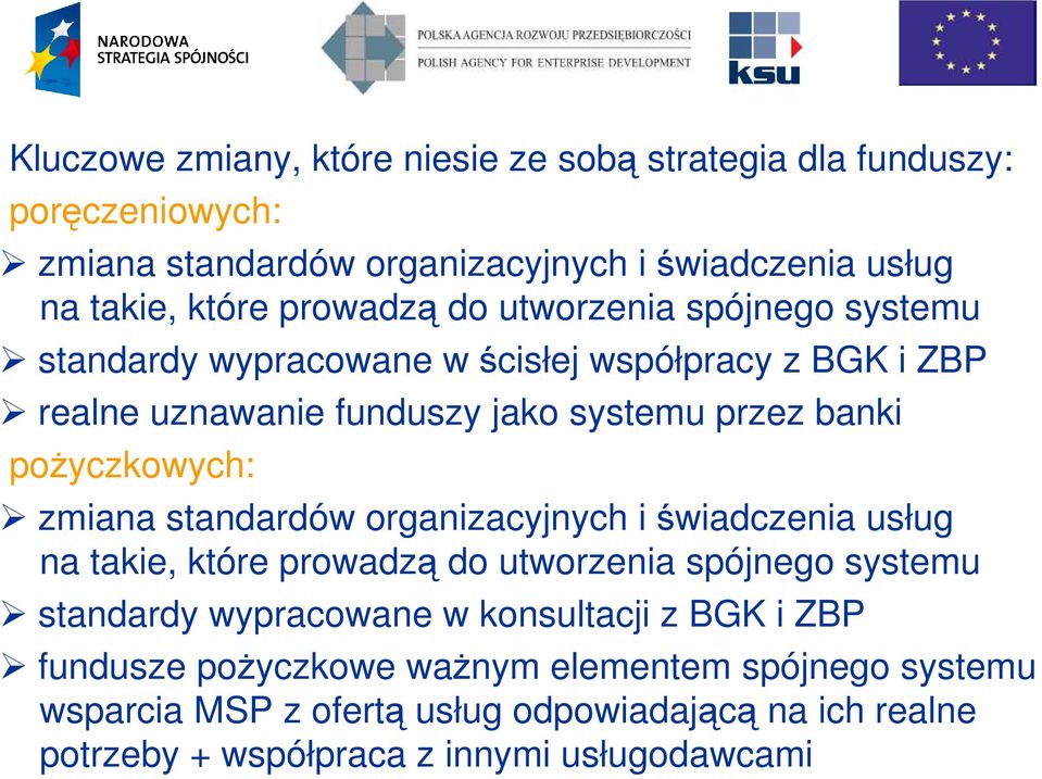 poŝyczkowych: zmiana standardów organizacyjnych i świadczenia usług na takie, które prowadzą do utworzenia spójnego systemu standardy wypracowane w