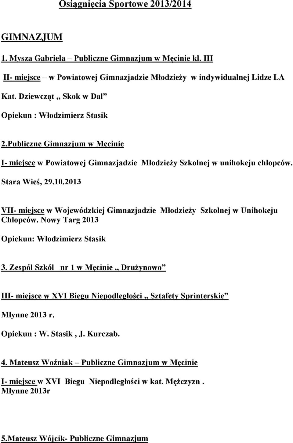 2013 VII- miejsce w Wojewódzkiej Gimnazjadzie Młodzieży Szkolnej w Unihokeju Chłopców. Nowy Targ 2013 Opiekun: Włodzimierz Stasik 3.