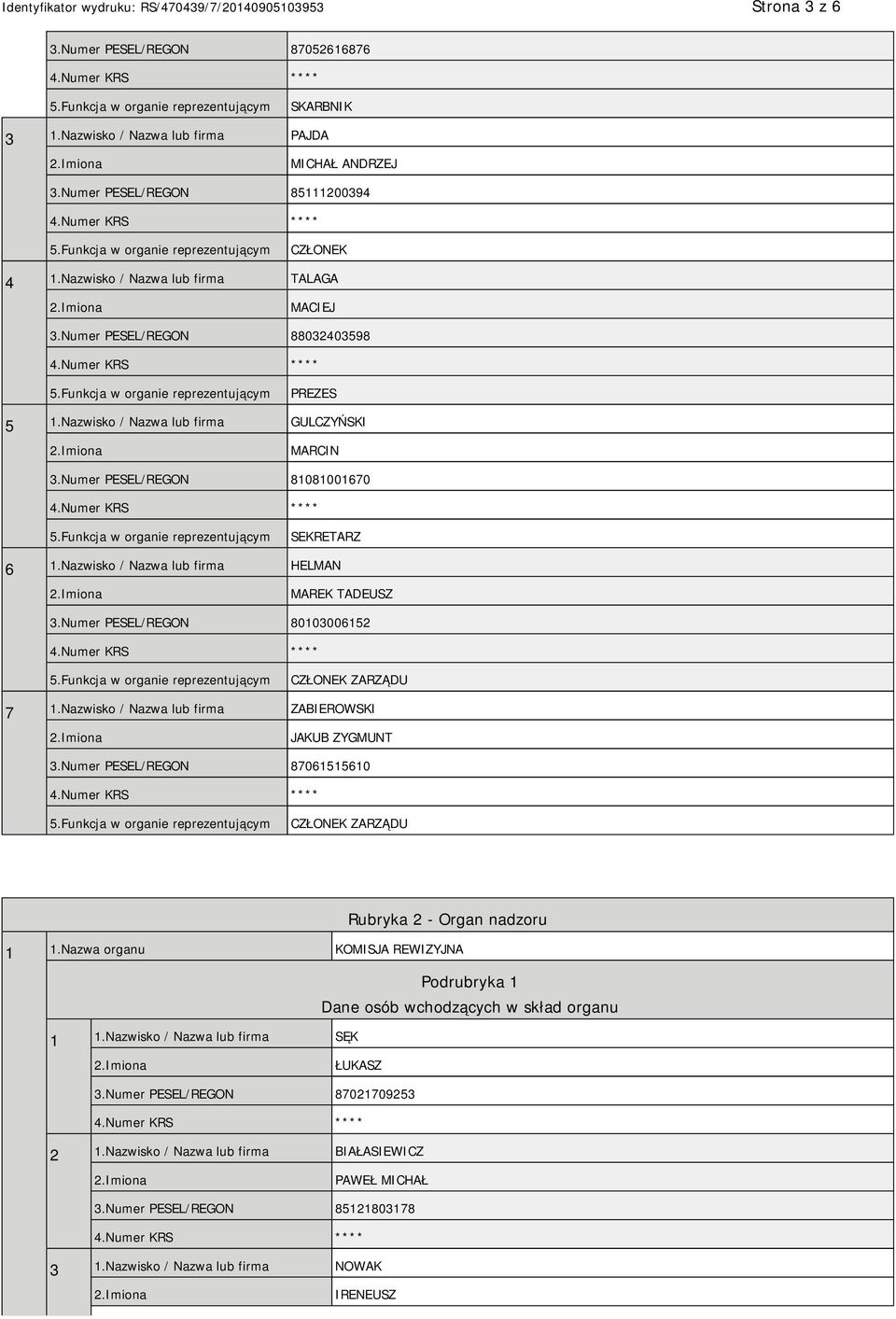 Numer PESEL/REGON 80103006152 CZŁONEK ZARZĄDU 7 1.Nazwisko / Nazwa lub firma ZABIEROWSKI JAKUB ZYGMUNT 3.Numer PESEL/REGON 87061515610 CZŁONEK ZARZĄDU Rubryka 2 - Organ nadzoru 1 1.