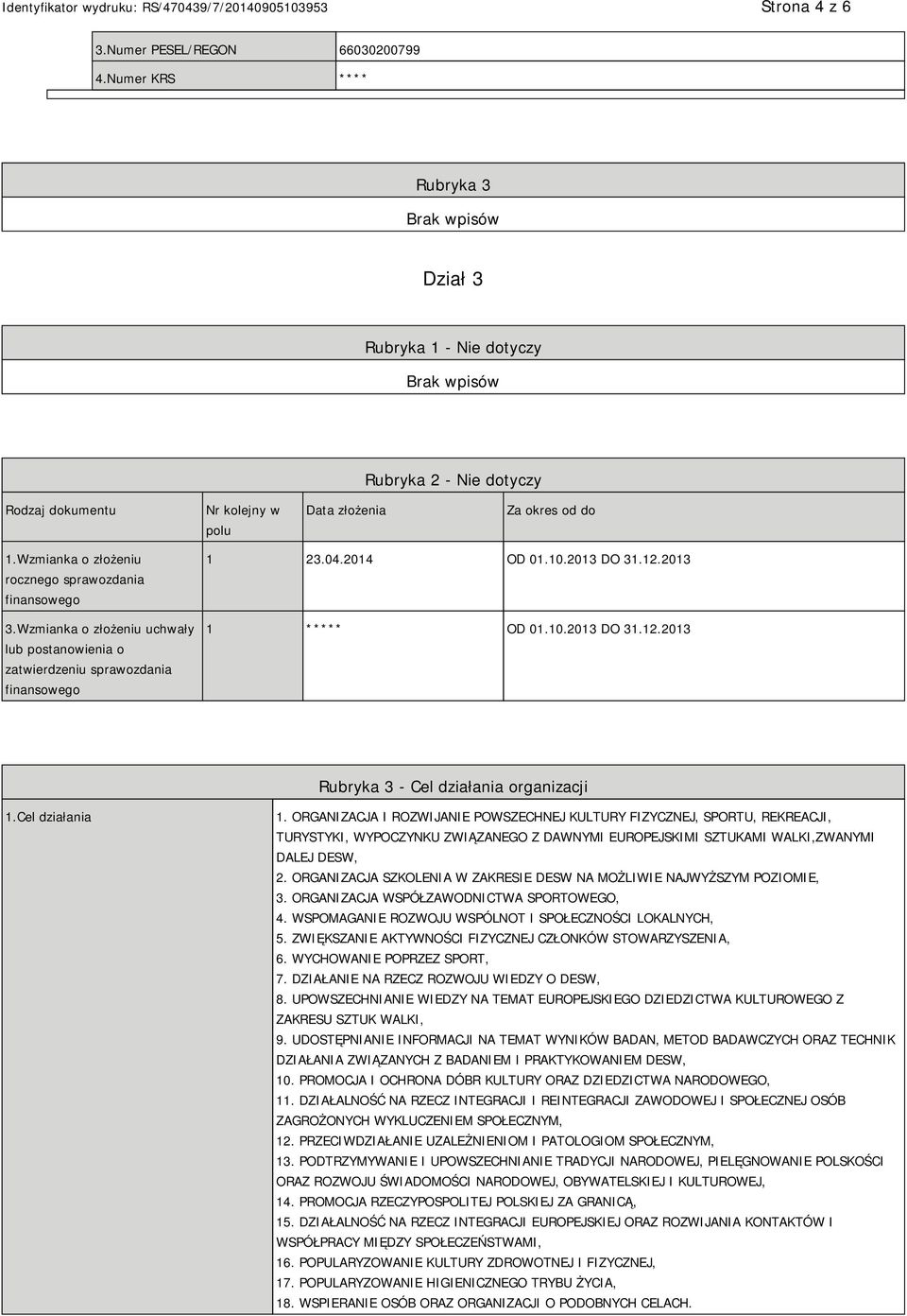 10.2013 DO 31.12.2013 Rubryka 3 - Cel działania organizacji 1.Cel działania 1.