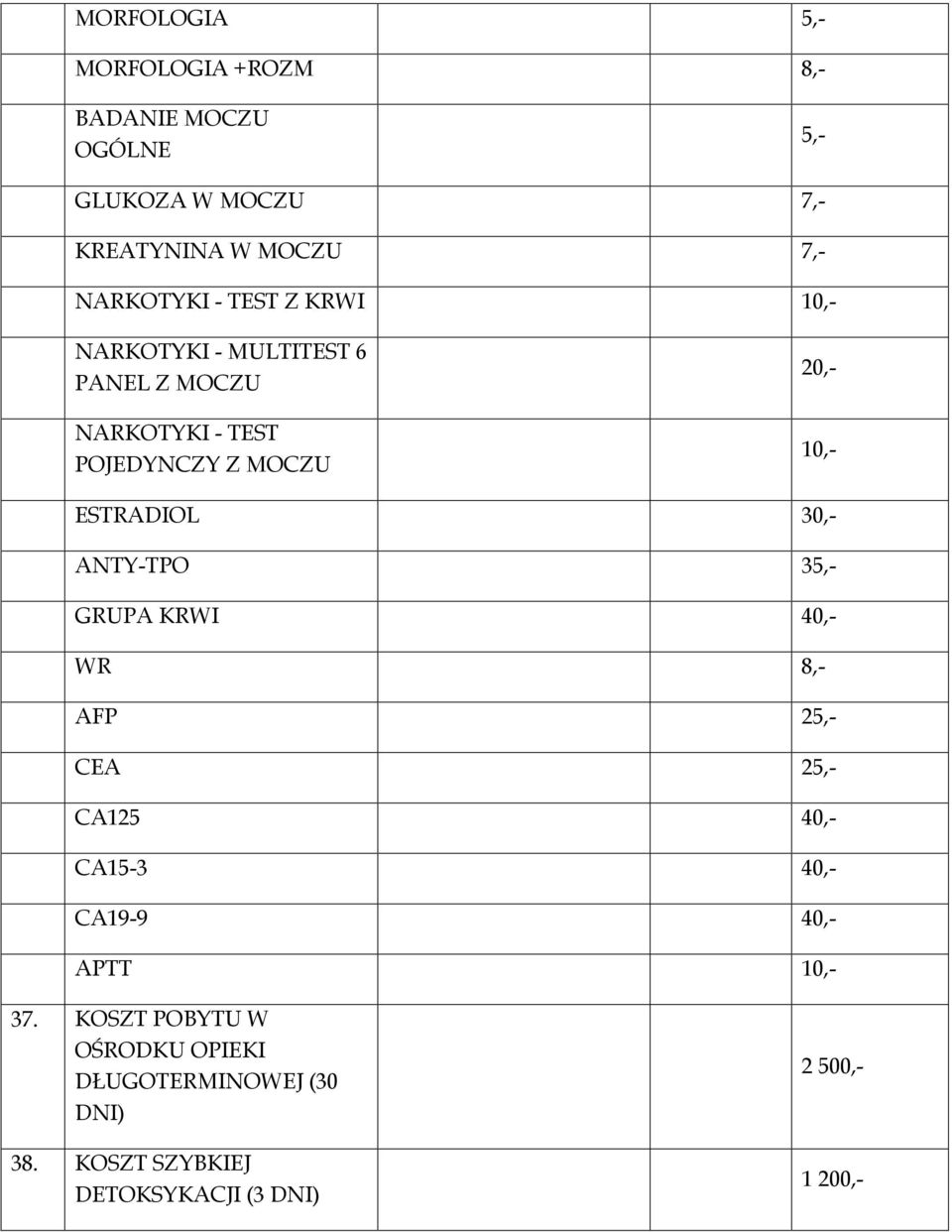10,- ESTRADIOL 30,- ANTY-TPO 35,- GRUPA KRWI 40,- WR 8,- AFP 25,- CEA 25,- CA125 40,- CA15-3 40,- CA19-9 40,-