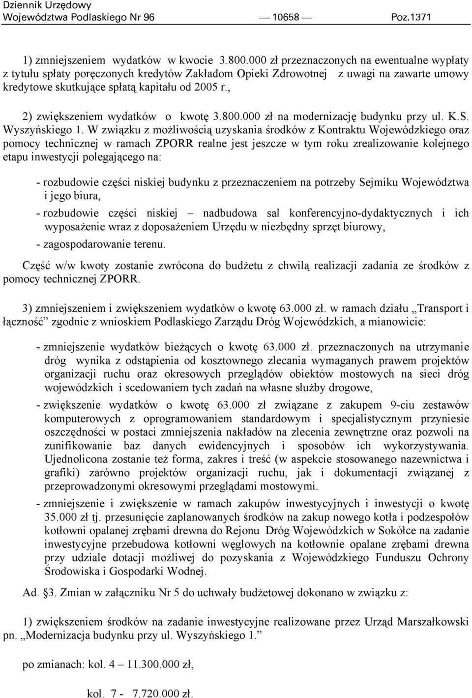 , 2) zwiększeniem wydatków o kwotę 3.800.000 zł na modernizację budynku przy ul. K.S. Wyszyńskiego 1.
