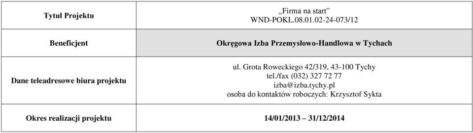 teleadresowe biura projektu ul. Grota Roweckiego 42/319, 43-100 Tychy tel.