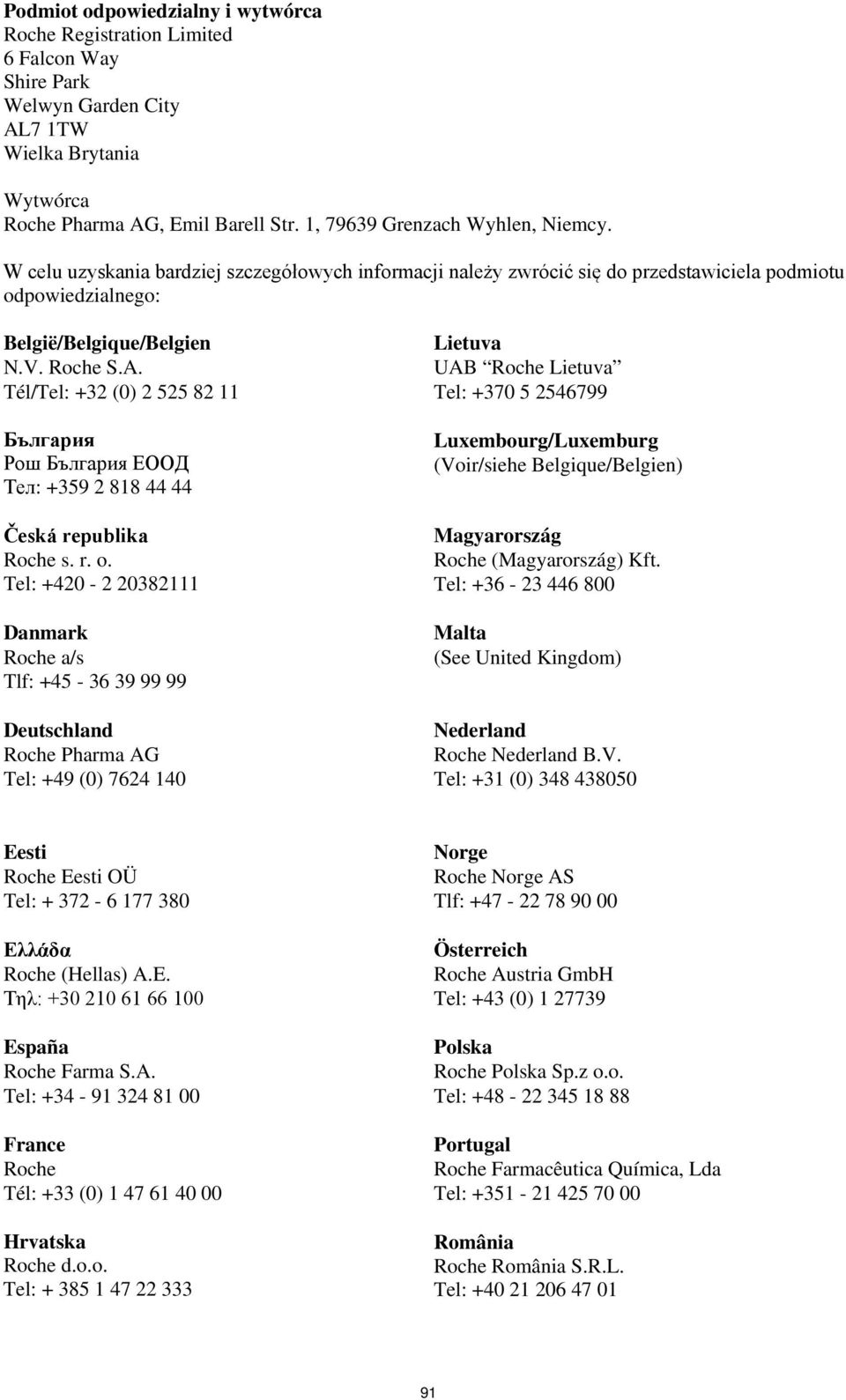 Tél/Tel: +32 (0) 2 525 82 11 България Рош България ЕООД Тел: +359 2 818 44 44 Česká republika Roche s. r. o.