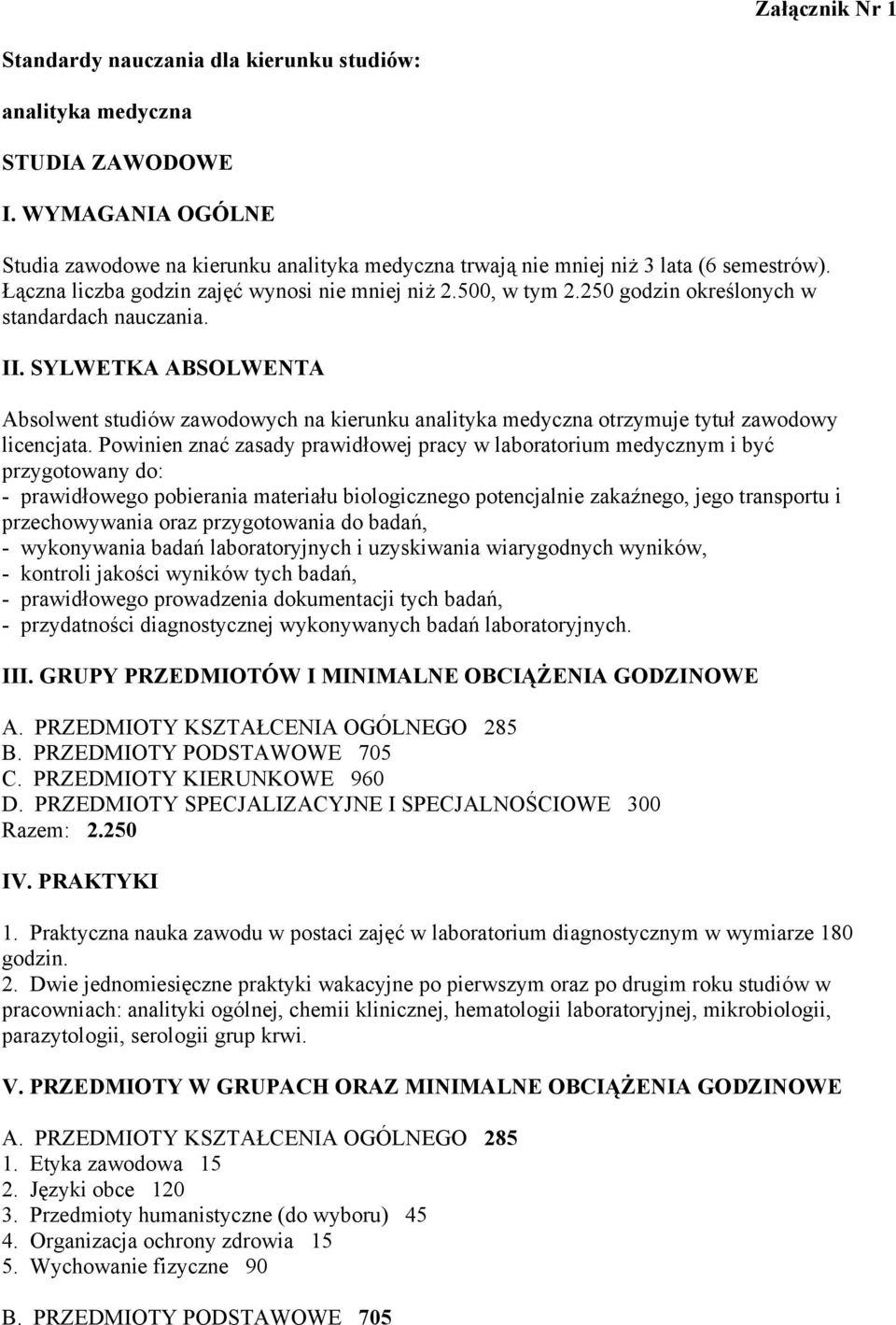 250 godzin określonych w standardach nauczania. II. SYLWETKA ABSOLWENTA Absolwent studiów zawodowych na kierunku analityka medyczna otrzymuje tytuł zawodowy licencjata.