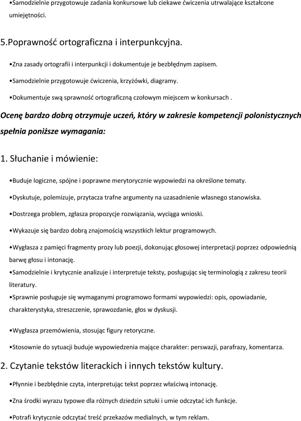 Dokumentuje swą sprawnośd ortograficzną czołowym miejscem w konkursach. Ocenę bardzo dobrą otrzymuje uczeo, który w zakresie kompetencji polonistycznych spełnia poniższe wymagania: 1.