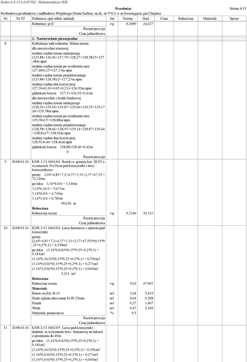 po rozebraniu naw. 127,48-0,15=127,33m npm średnia rzędna terenu projektowanego (125,88+128,58)/2=127,23m npm średnia rzędna dna koryta proj.