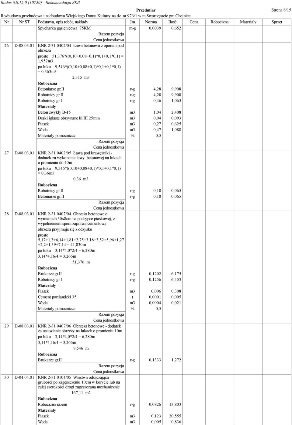 01 KNR 2-31 0402/04 Ława betonowa z oporem pod obrzeża proste 51,376*((0,10+0,08+0,1)*0,1+0,1*0,1) = 1,952m3 po łuku 9,546*((0,10+0,08+0,1)*0,1+0,1*0,1) = 0,363m3 2,315 m3 Betoniarze gr.