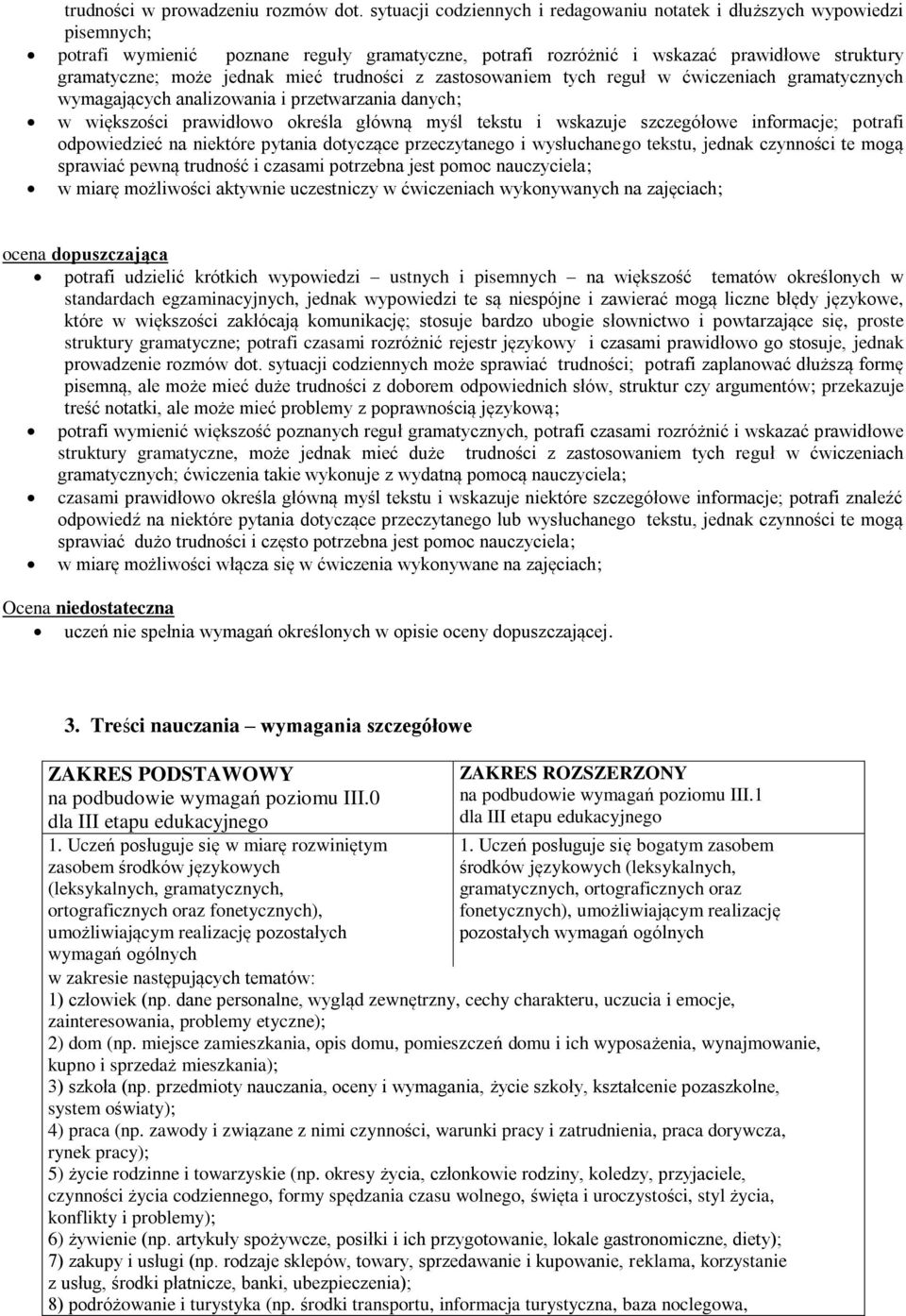 mieć trudności z zastosowaniem tych reguł w ćwiczeniach gramatycznych wymagających analizowania i przetwarzania danych; w większości prawidłowo określa główną myśl tekstu i wskazuje szczegółowe