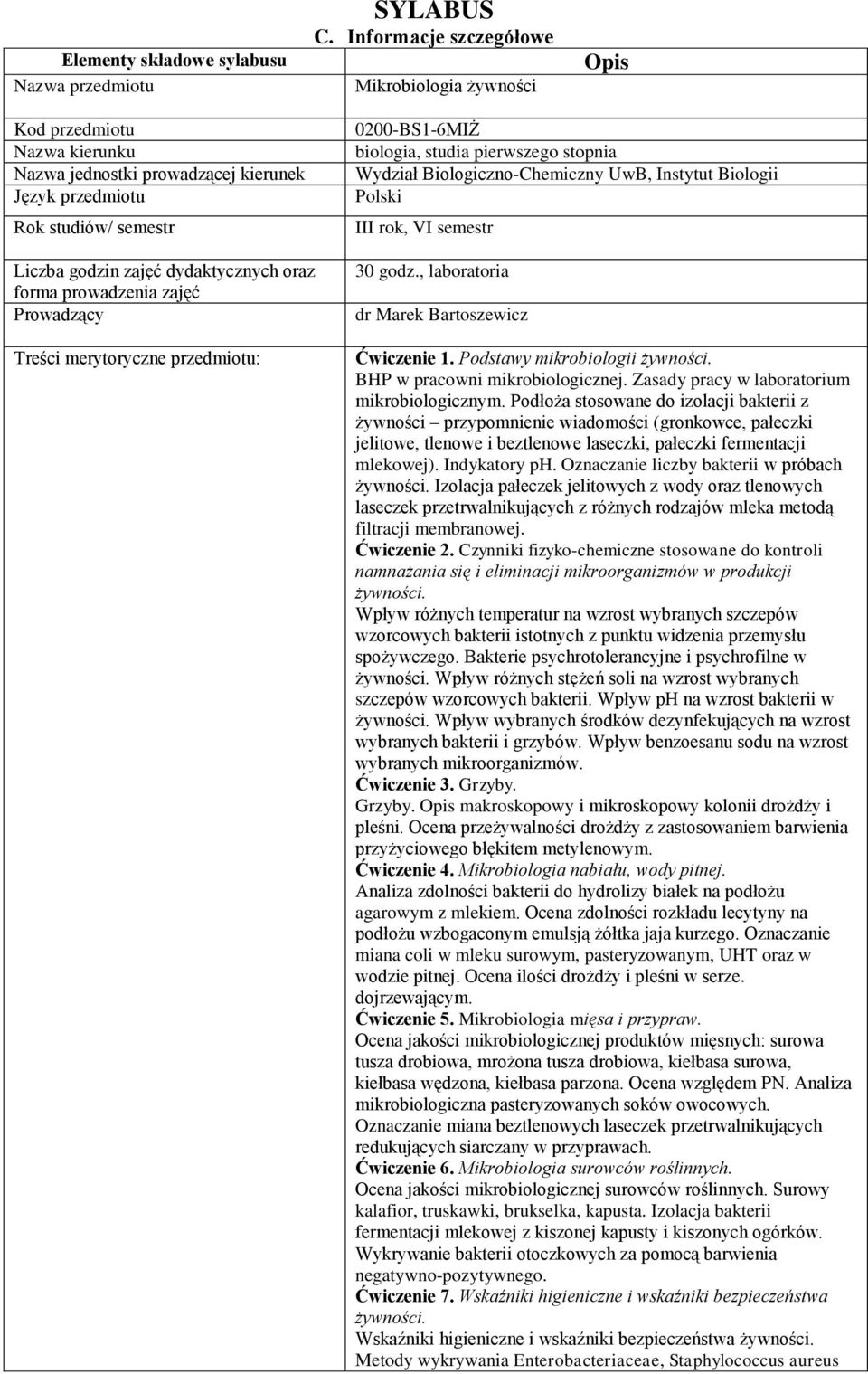 forma prowadzenia zajęć Prowadzący Treści merytoryczne przedmiotu: 0200-BS1-6MIŻ biologia, studia pierwszego stopnia Wydział Biologiczno-Chemiczny UwB, Instytut Biologii Polski III rok, VI semestr 30