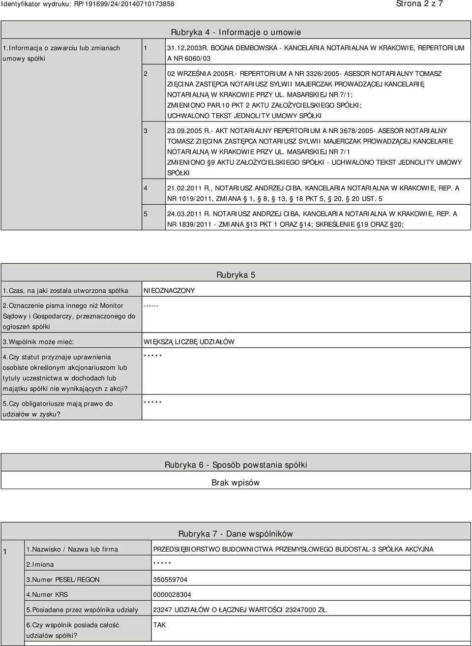 - REPERTORIUM A NR 3326/2005- ASESOR NOTARIALNY TOMASZ ZIĘCINA ZASTĘPCA NOTARIUSZ SYLWII MAJERCZAK PROWADZĄCEJ KANCELARIĘ NOTARIALNĄ W KRAKOWIE PRZY UL. MASARSKIEJ NR 7/1; ZMIENIONO PAR.