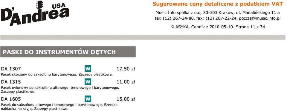 Zaczepy plastikowe. A 1315 asek nylonowy do saksofonu altowego, tenorowego i barytonowego.