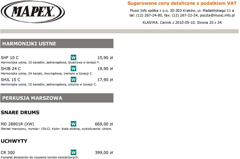 SHJB 24 C W 19,90 zł Harmonijka ustna, 24 kanały, dwurzędowa, tremolo w tonacji C.