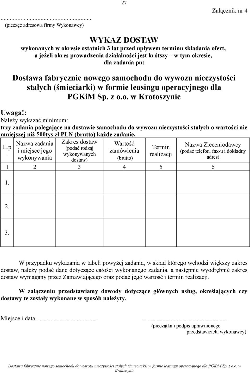 : Należy wykazać minimum: trzy zadania polegające na dostawie samochodu do wywozu nieczystości stałych o wartości nie mniejszej niż 500tys zł PLN (brutto) każde zadanie, Nazwa zadania Zakres dostaw