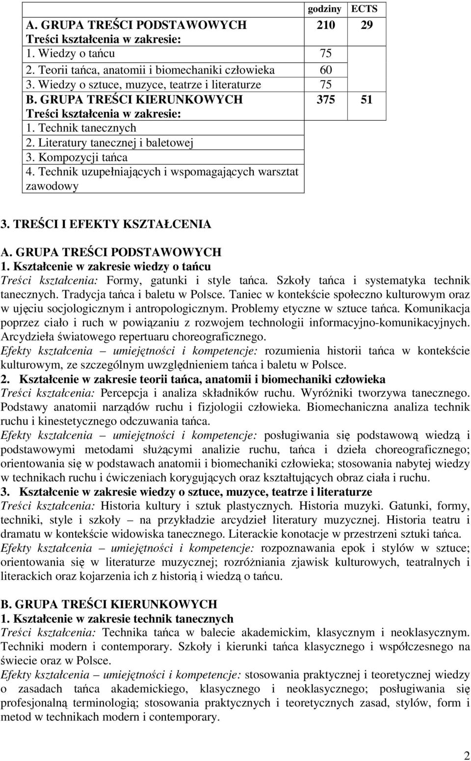 Kształcenie w zakresie wiedzy o tacu Treci kształcenia: Formy, gatunki i style taca. Szkoły taca i systematyka technik tanecznych. Tradycja taca i baletu w Polsce.