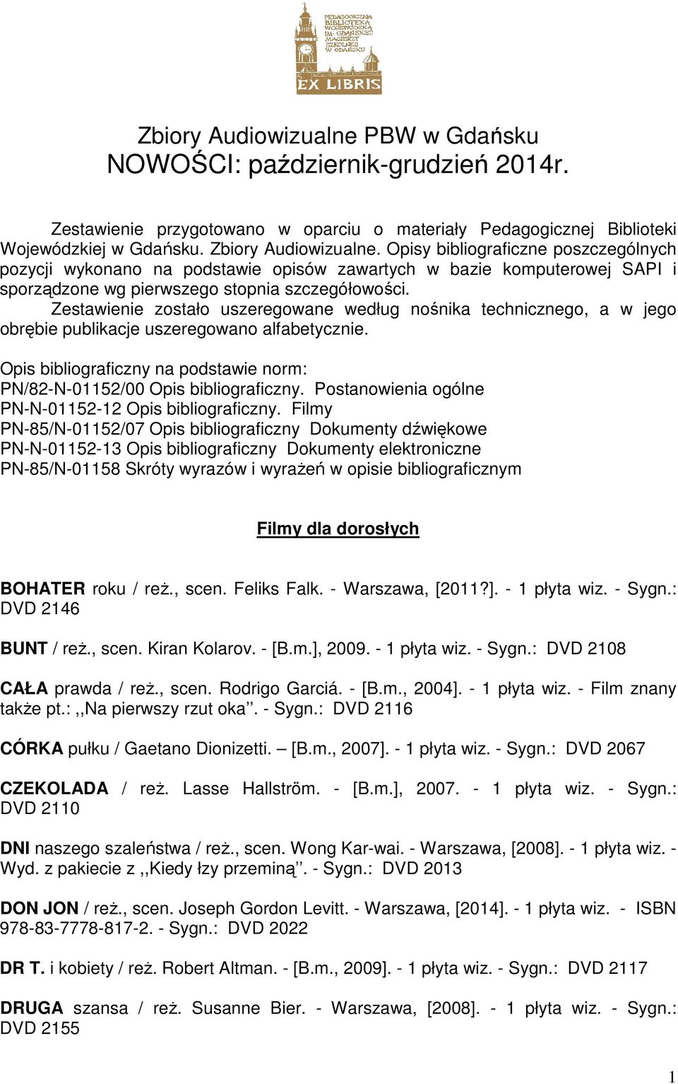 Zestawienie zostało uszeregowane według nośnika technicznego, a w jego obrębie publikacje uszeregowano alfabetycznie. Opis bibliograficzny na podstawie norm: PN/82-N-01152/00 Opis bibliograficzny.